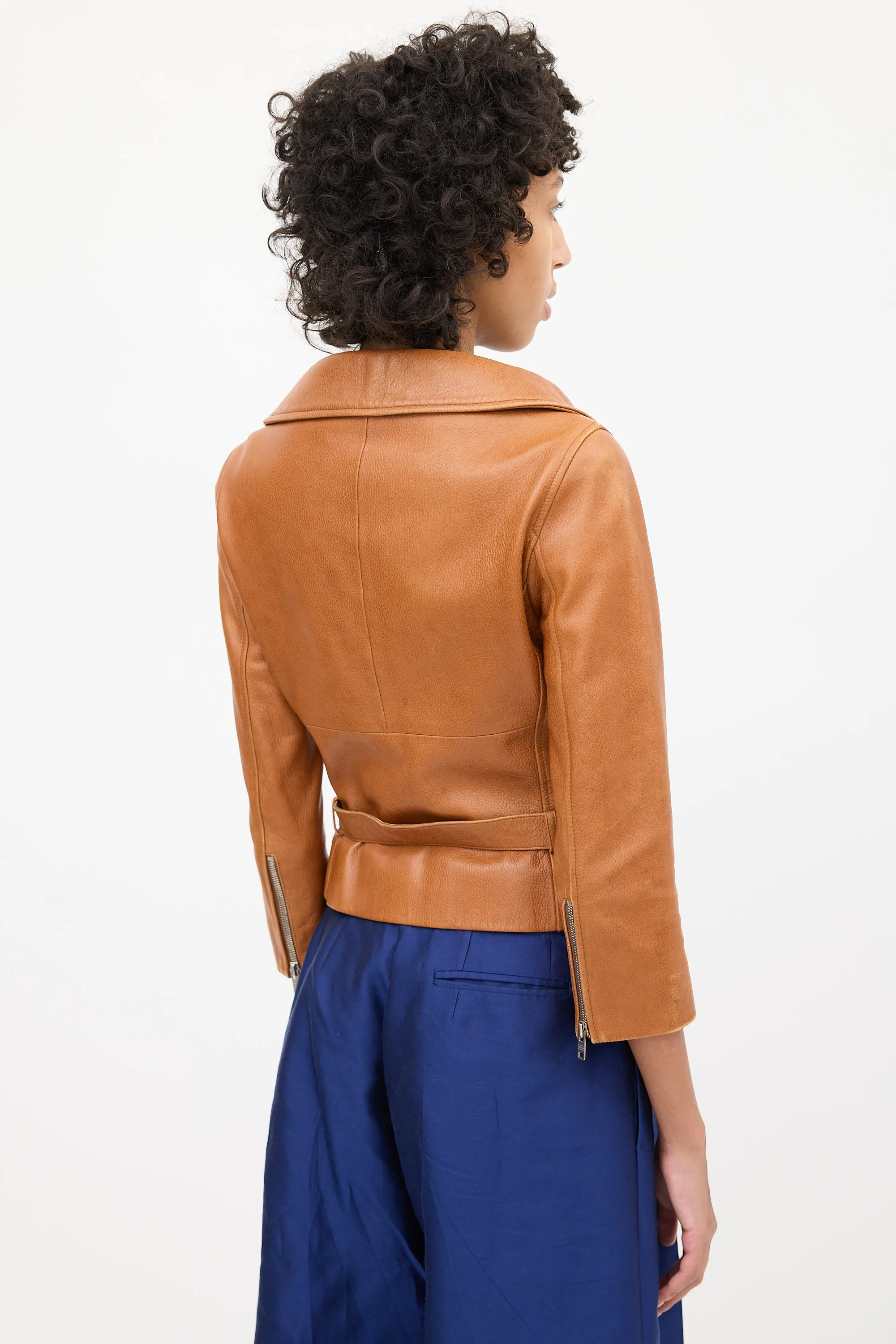 2000s Brown Leather Biker Belted Jacket