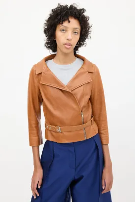 2000s Brown Leather Biker Belted Jacket