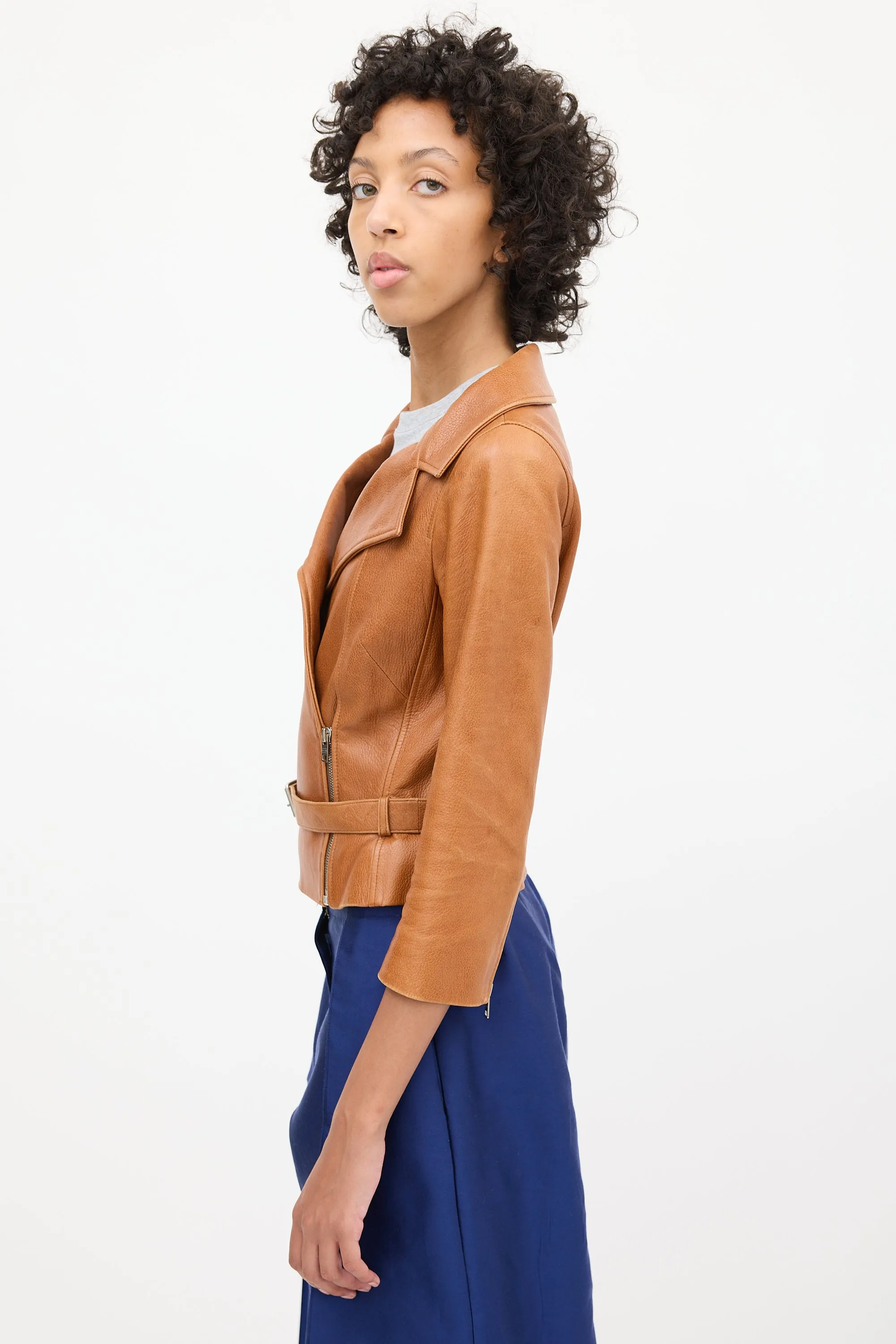 2000s Brown Leather Biker Belted Jacket
