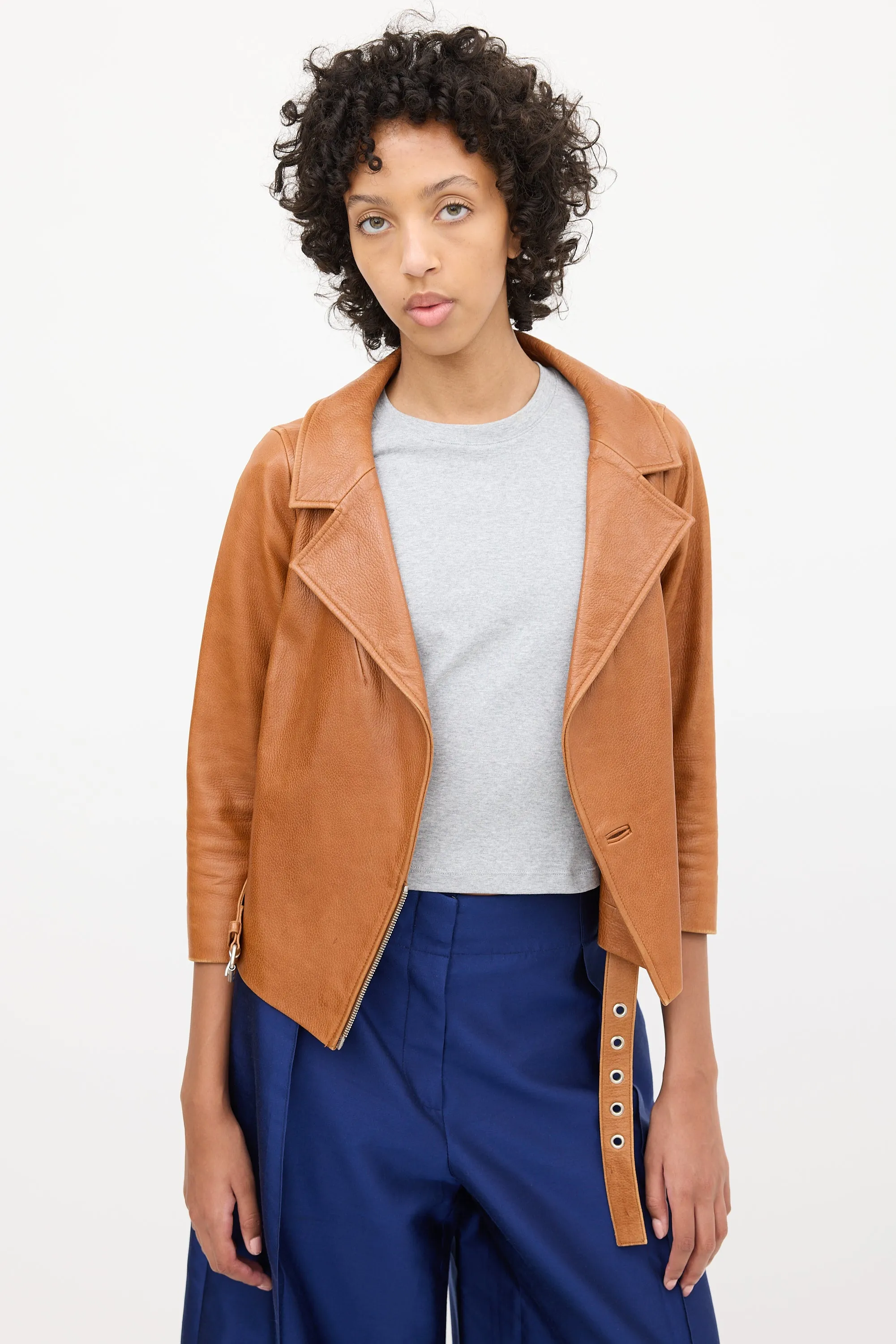 2000s Brown Leather Biker Belted Jacket