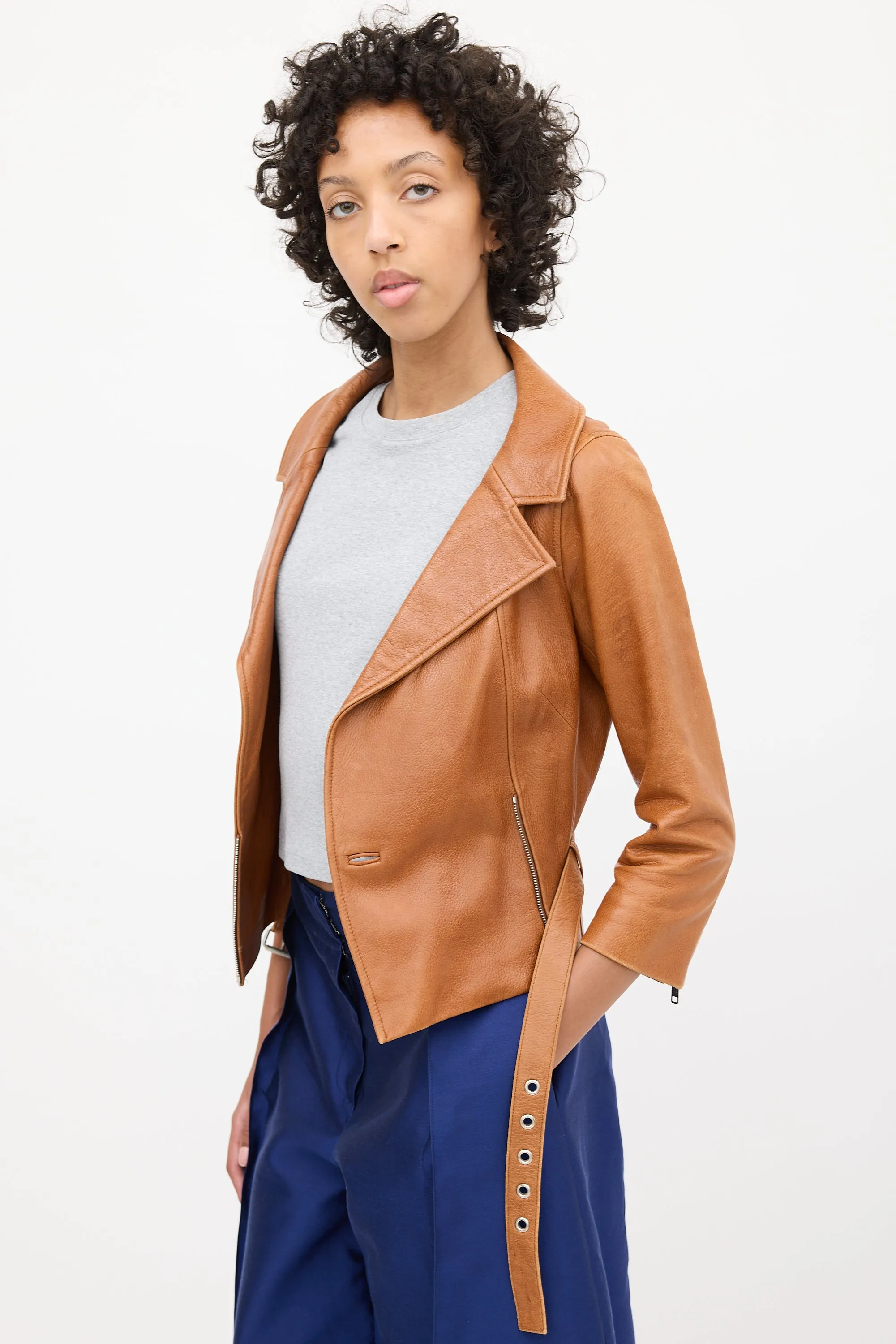 2000s Brown Leather Biker Belted Jacket