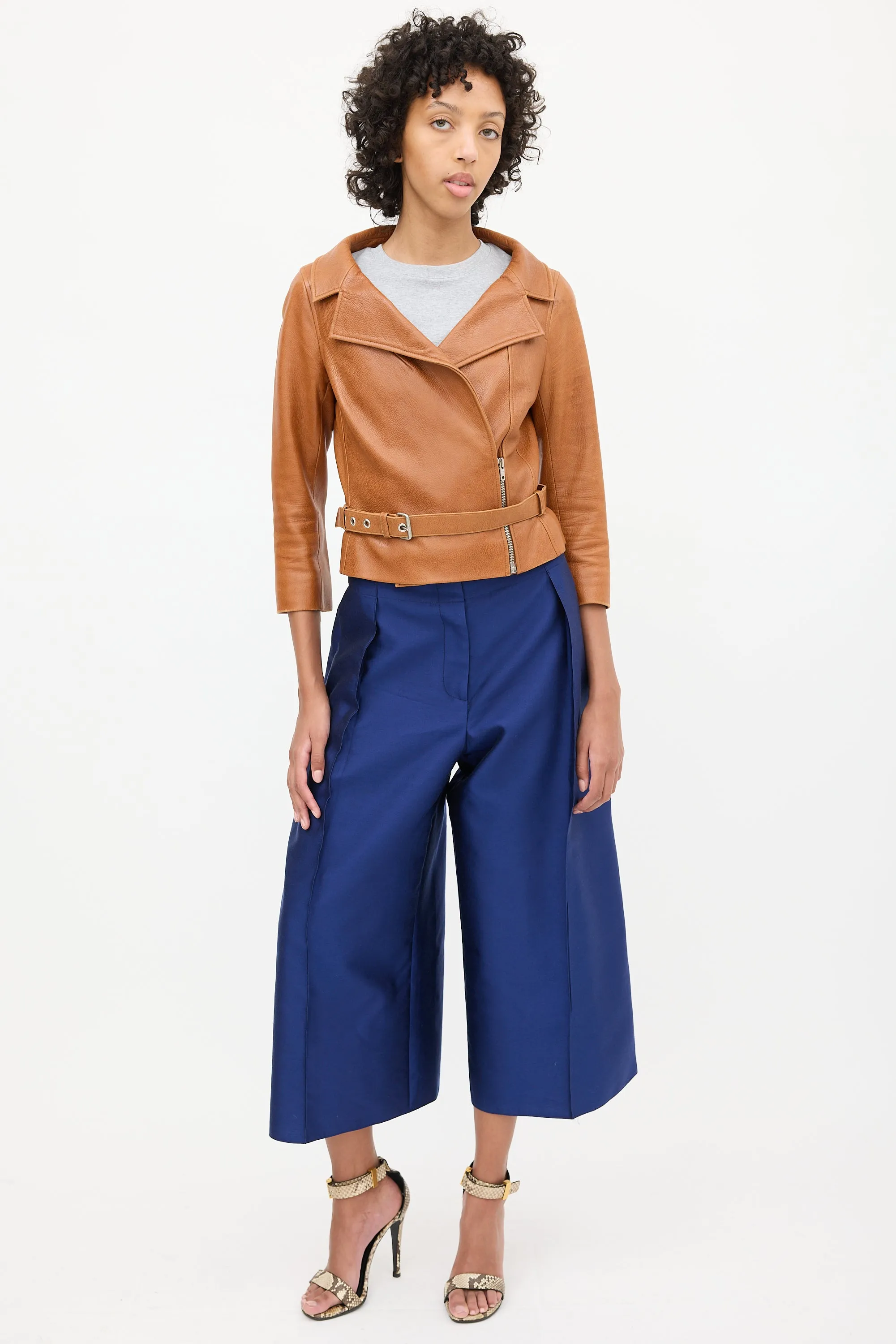 2000s Brown Leather Biker Belted Jacket