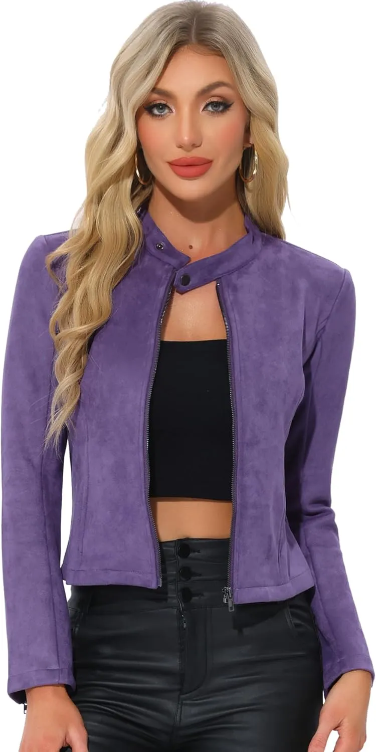 Allegra K Women's Faux Suede Jacket Stand Collar Zip Up Long Sleeve Motorcycle Biker Coat