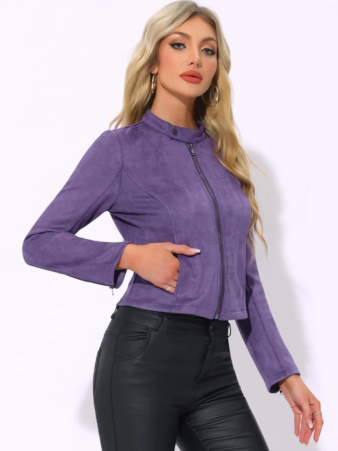 Allegra K Women's Faux Suede Jacket Stand Collar Zip Up Long Sleeve Motorcycle Biker Coat
