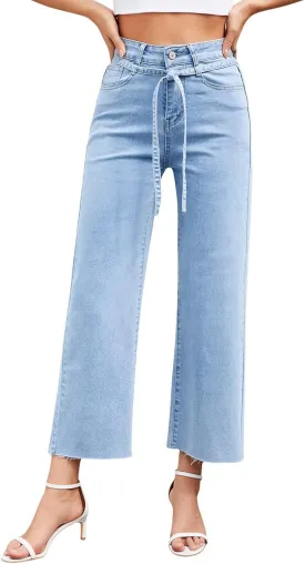 Allimy Womens Jeans High Rise Belted Wide Straight Leg Frayed Hem Jeans for Women Trendy 2025 Denim Pants