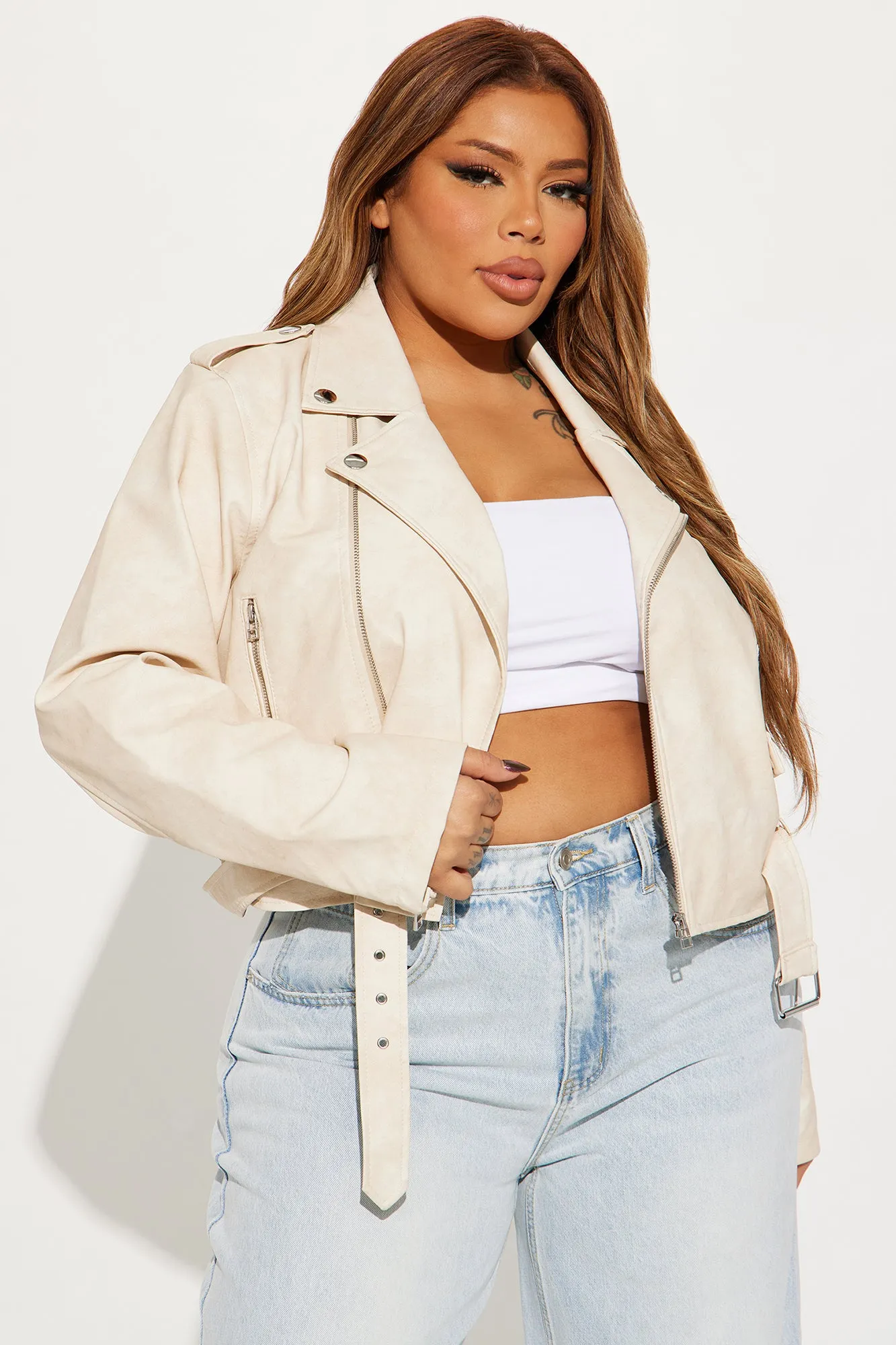 Amala Washed Faux Leather Moto Jacket - Cream