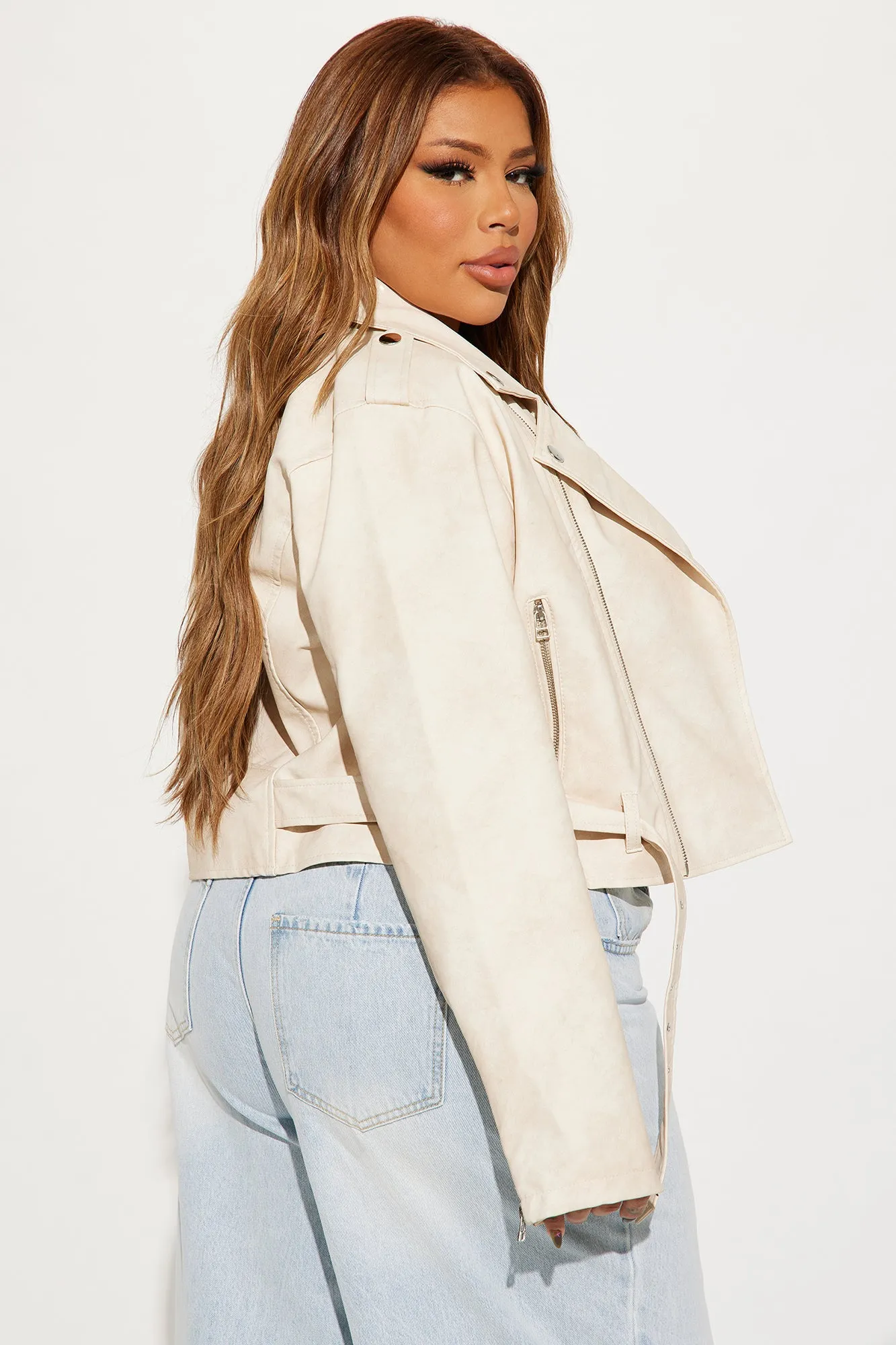 Amala Washed Faux Leather Moto Jacket - Cream