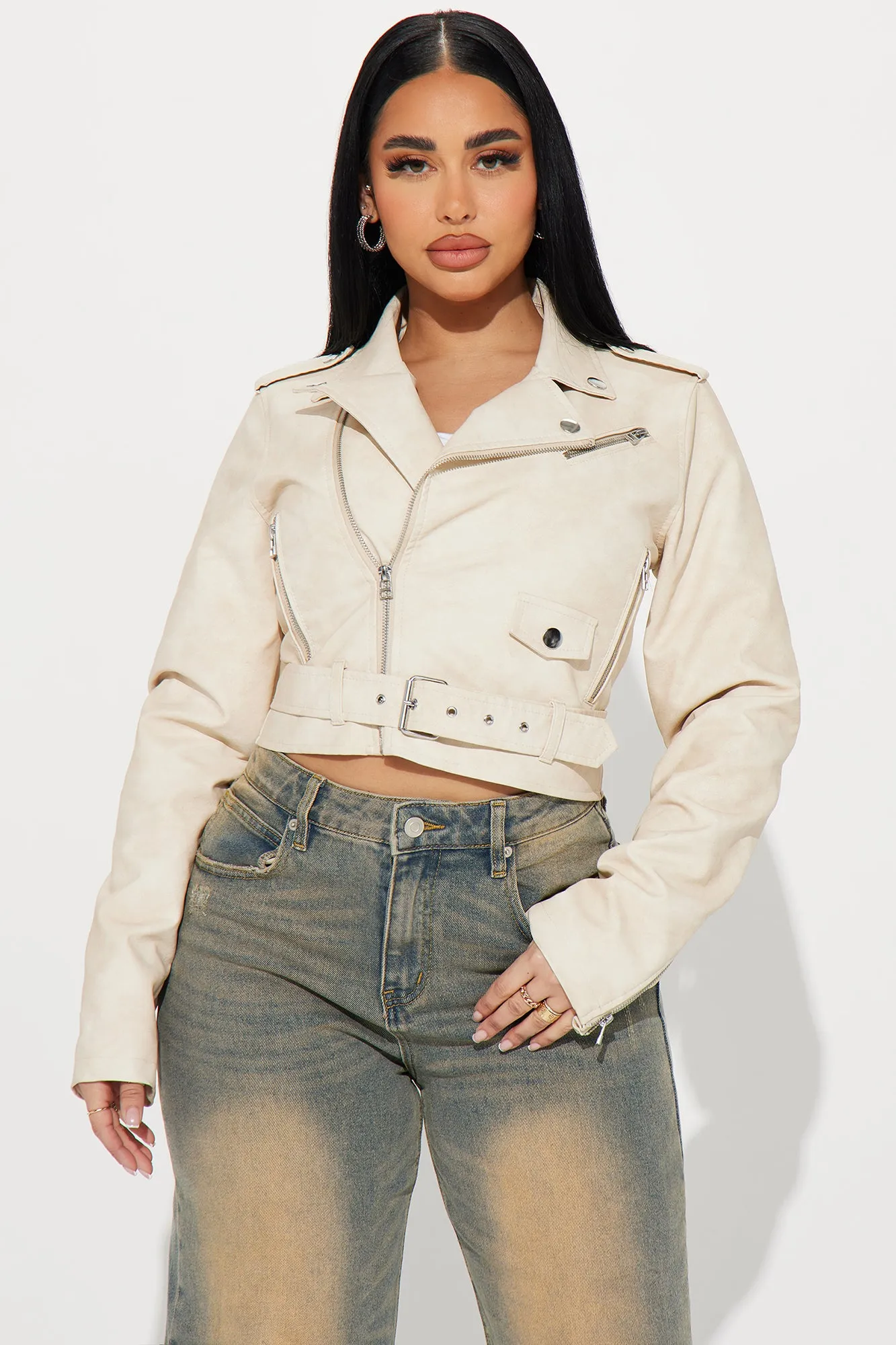 Amala Washed Faux Leather Moto Jacket - Cream
