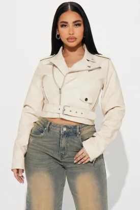 Amala Washed Faux Leather Moto Jacket - Cream