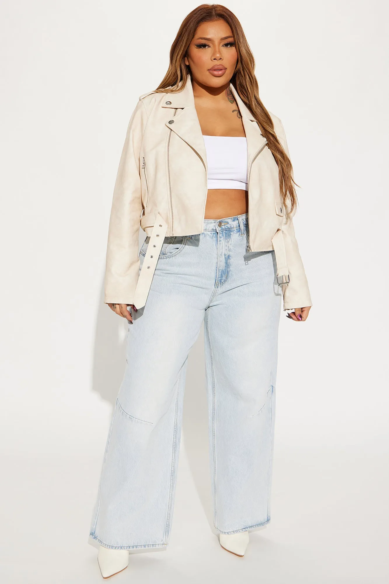 Amala Washed Faux Leather Moto Jacket - Cream