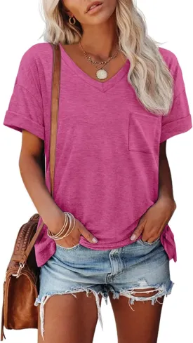 ATHMILE Womens T Shirts 2025 Short Sleeve V-Neck Shirts Cute Fit Summer Casual Tee Tops S-3XL Beach