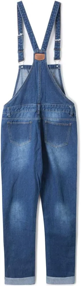 AvaCostume Women's Adjustable Strap Ripped Denim Overalls