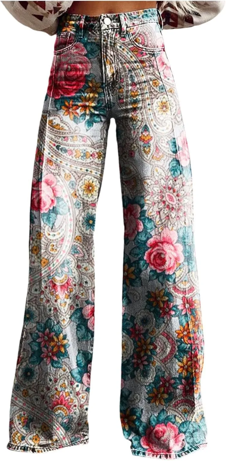 Bell Bottom Floral Patterned Jeans for Women,High Waisted Wide Leg Flare Stretchy Plus Size Jeans for Curvy Women