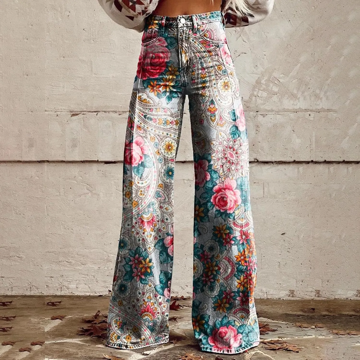 Bell Bottom Floral Patterned Jeans for Women,High Waisted Wide Leg Flare Stretchy Plus Size Jeans for Curvy Women
