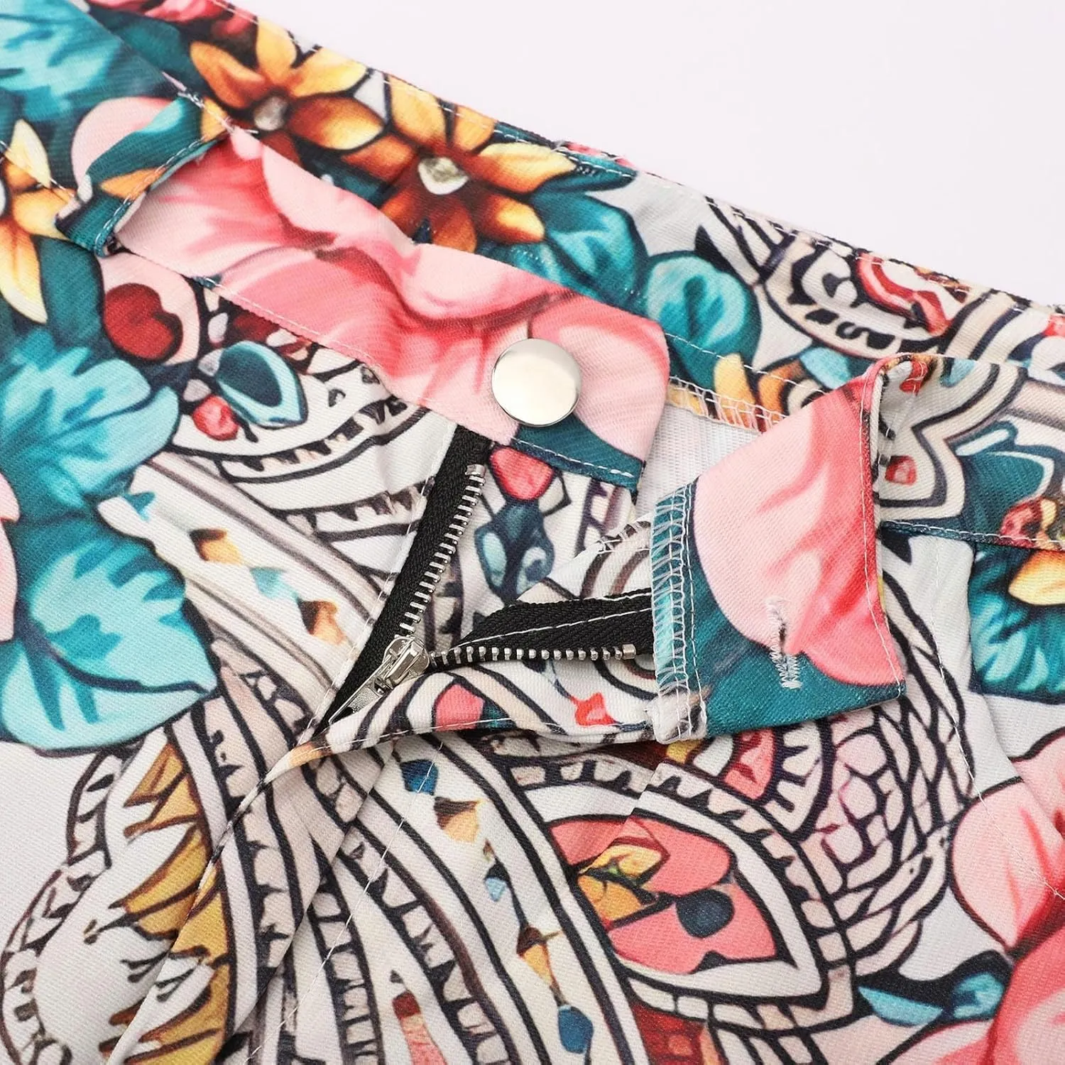 Bell Bottom Floral Patterned Jeans for Women,High Waisted Wide Leg Flare Stretchy Plus Size Jeans for Curvy Women