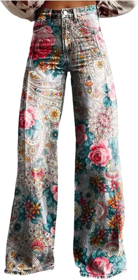 Bell Bottom Floral Patterned Jeans for Women,High Waisted Wide Leg Flare Stretchy Plus Size Jeans for Curvy Women