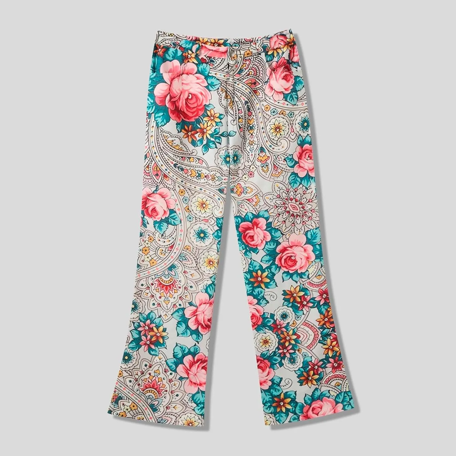 Bell Bottom Floral Patterned Jeans for Women,High Waisted Wide Leg Flare Stretchy Plus Size Jeans for Curvy Women