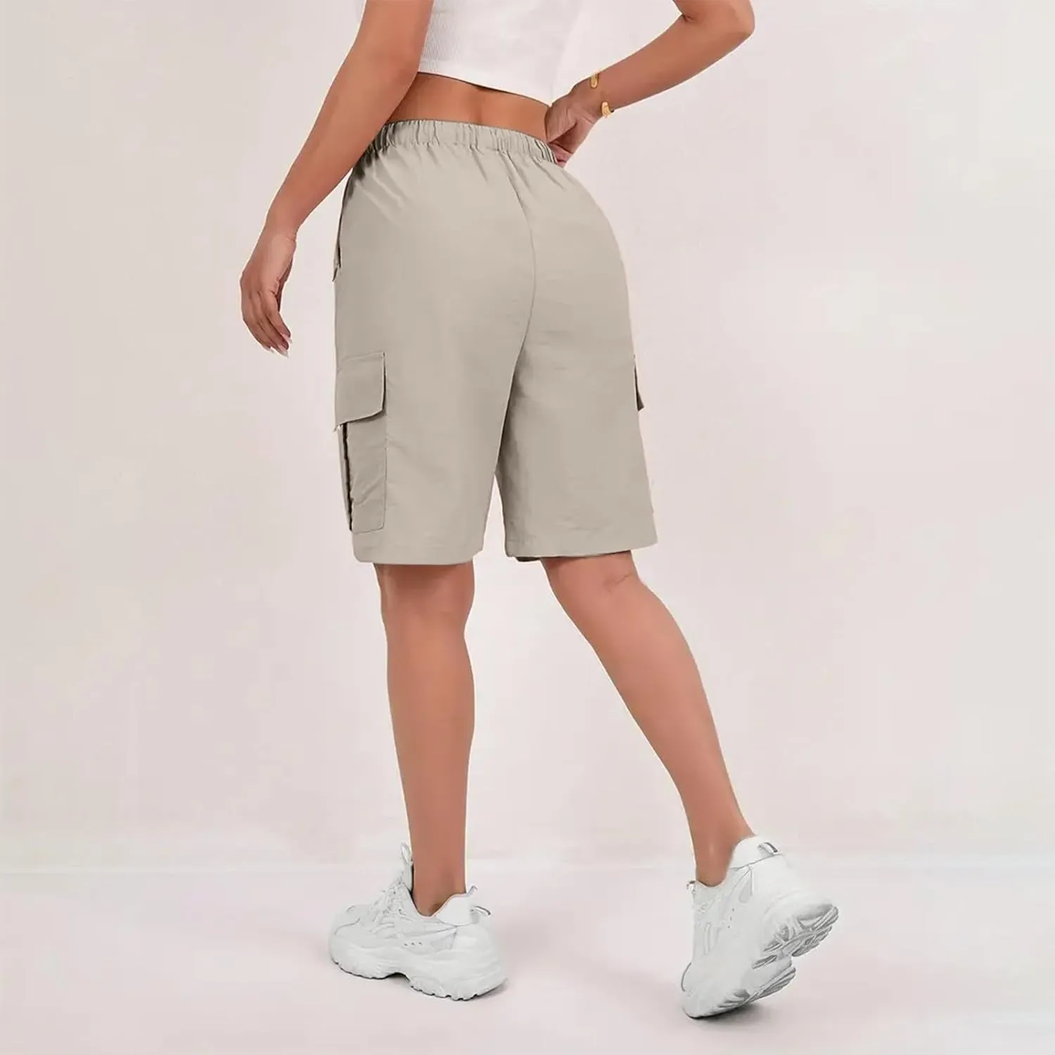 Bermuda Shorts for Women Summer Quick Dry Cargo Shorts with Pockets Outdoor Drawstring Knee Length Hiking Short