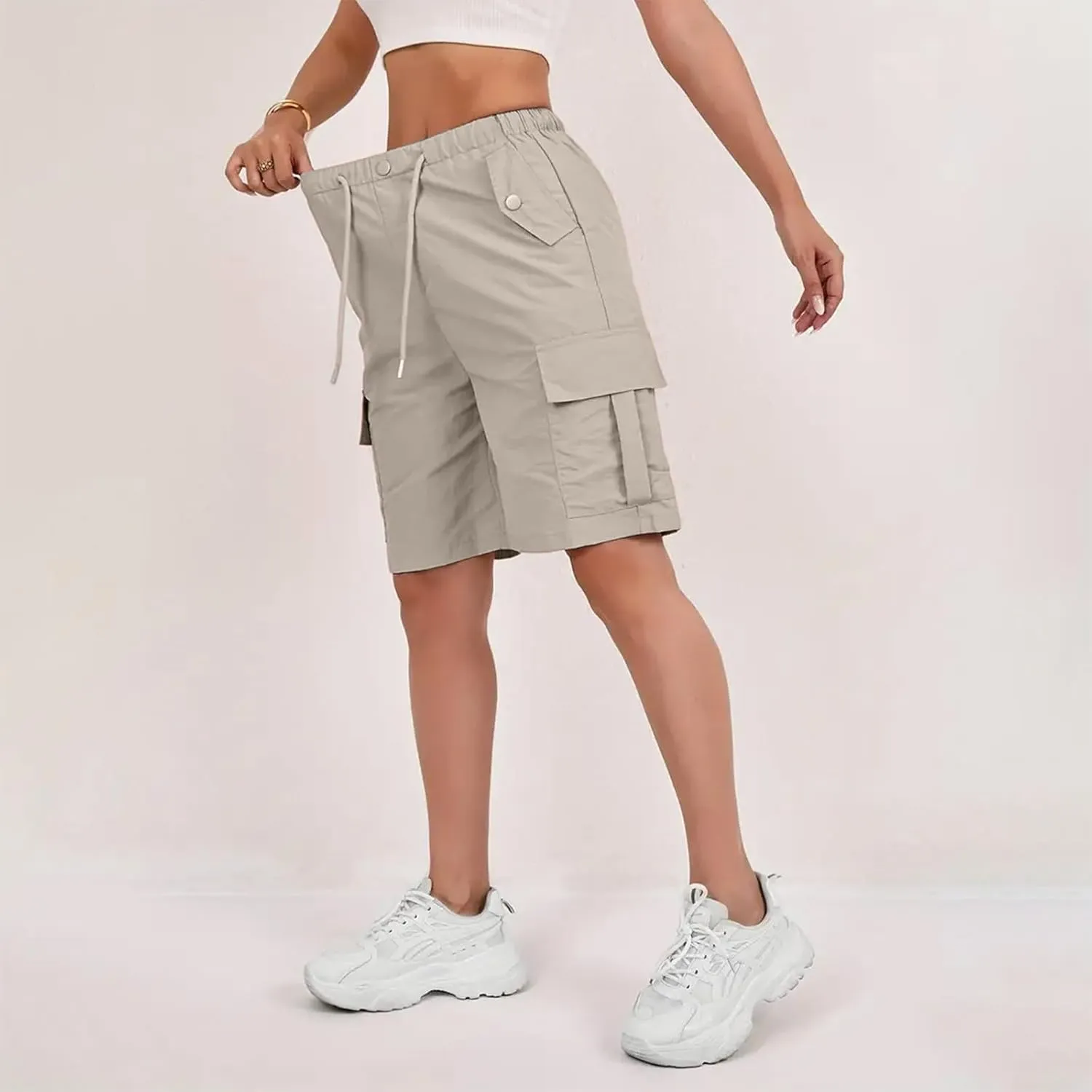 Bermuda Shorts for Women Summer Quick Dry Cargo Shorts with Pockets Outdoor Drawstring Knee Length Hiking Short