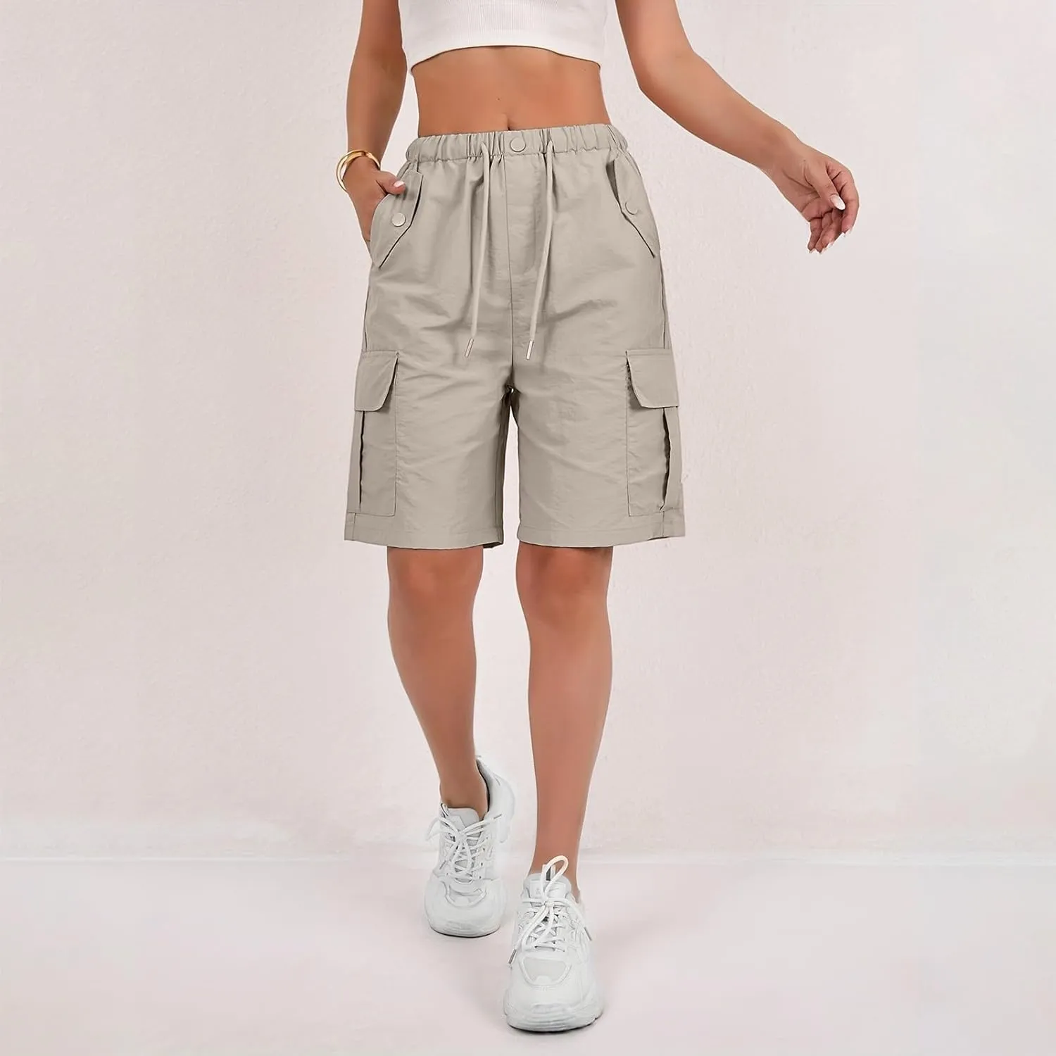 Bermuda Shorts for Women Summer Quick Dry Cargo Shorts with Pockets Outdoor Drawstring Knee Length Hiking Short