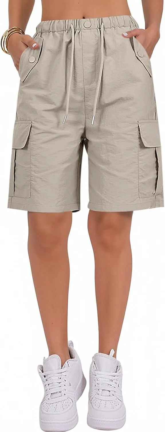 Bermuda Shorts for Women Summer Quick Dry Cargo Shorts with Pockets Outdoor Drawstring Knee Length Hiking Short