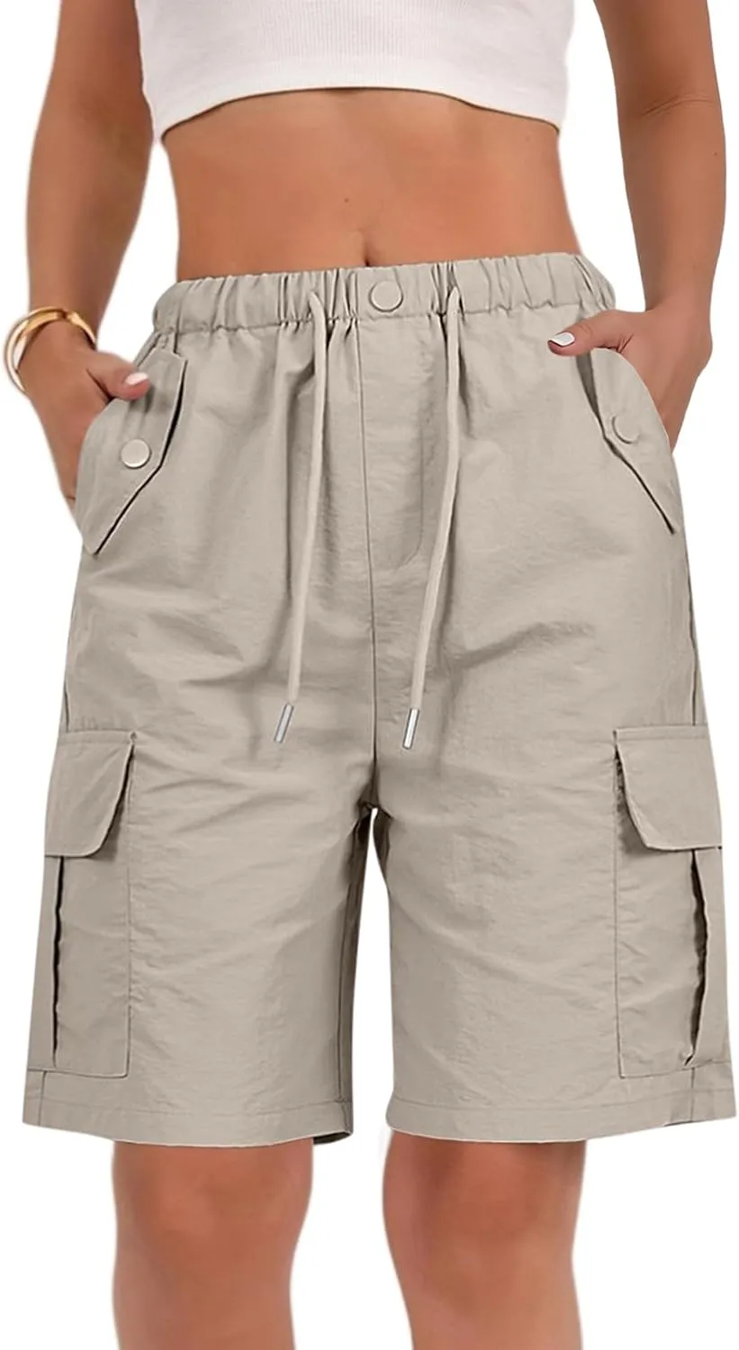 Bermuda Shorts for Women Summer Quick Dry Cargo Shorts with Pockets Outdoor Drawstring Knee Length Hiking Short