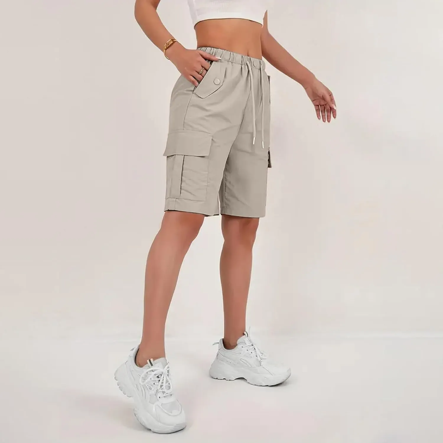 Bermuda Shorts for Women Summer Quick Dry Cargo Shorts with Pockets Outdoor Drawstring Knee Length Hiking Short