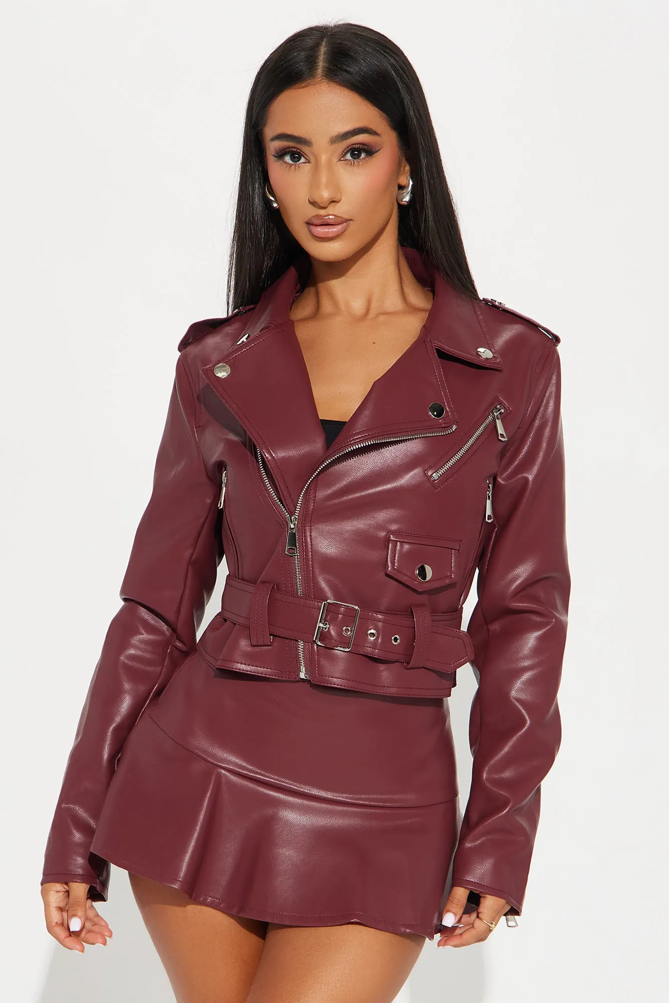 Biker Babe Faux Leather Skort Set - Wine