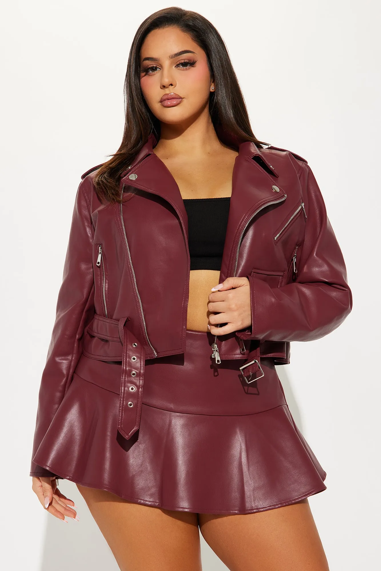 Biker Babe Faux Leather Skort Set - Wine