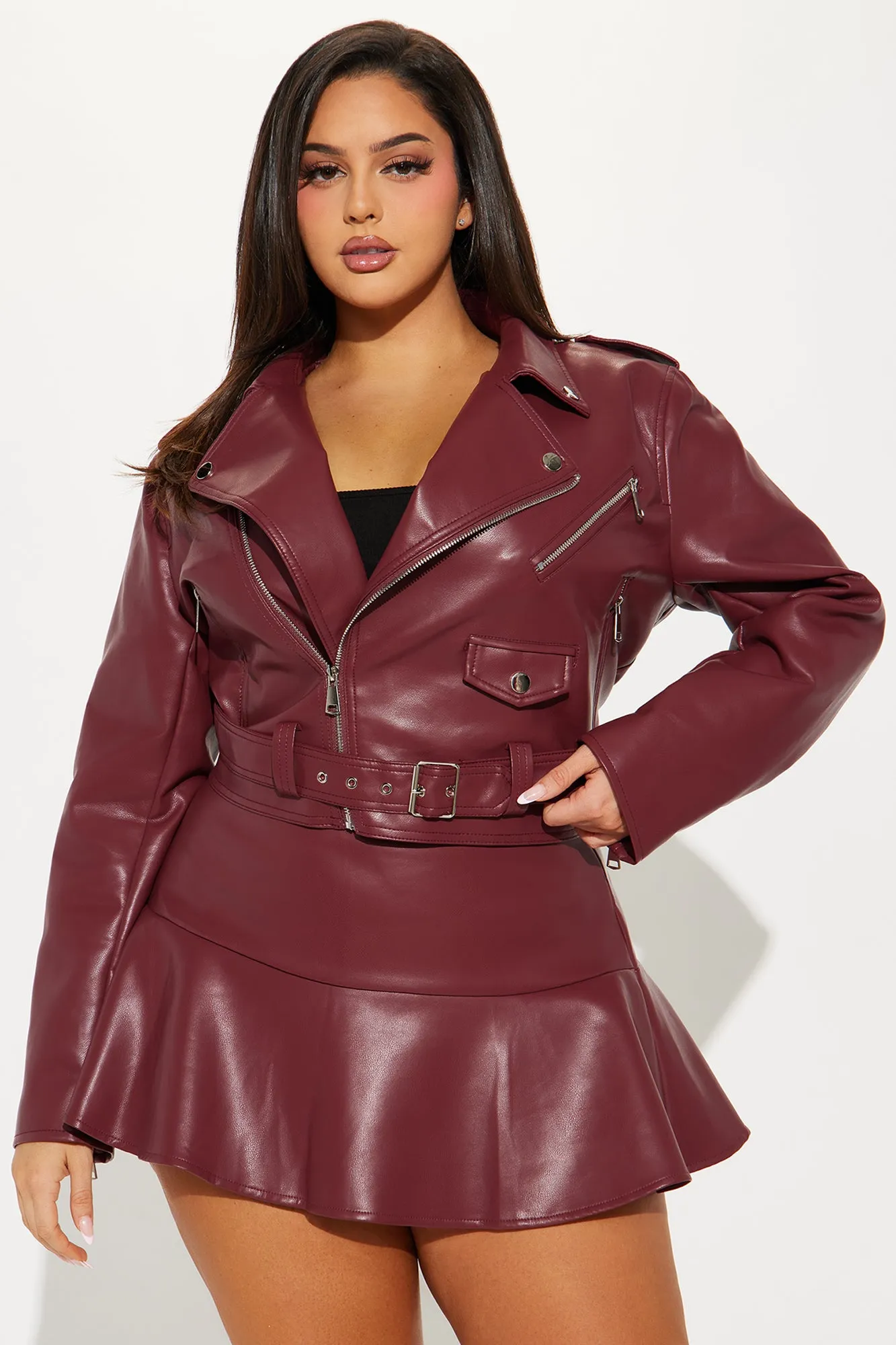 Biker Babe Faux Leather Skort Set - Wine