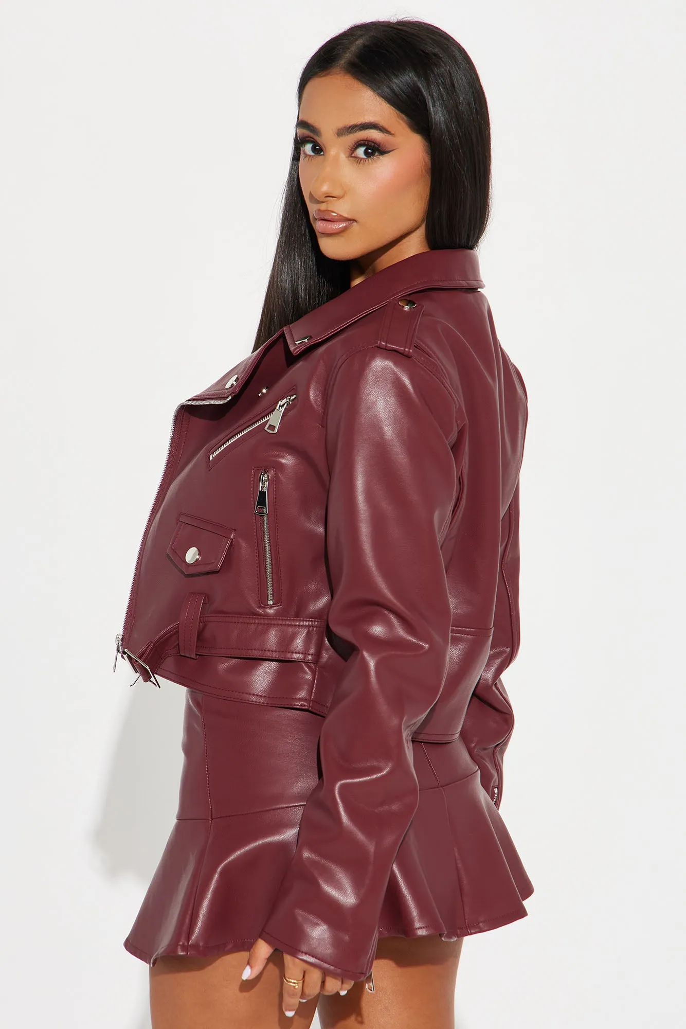 Biker Babe Faux Leather Skort Set - Wine