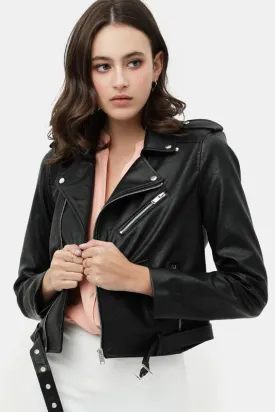 Biker PU Leather Belted Jacket