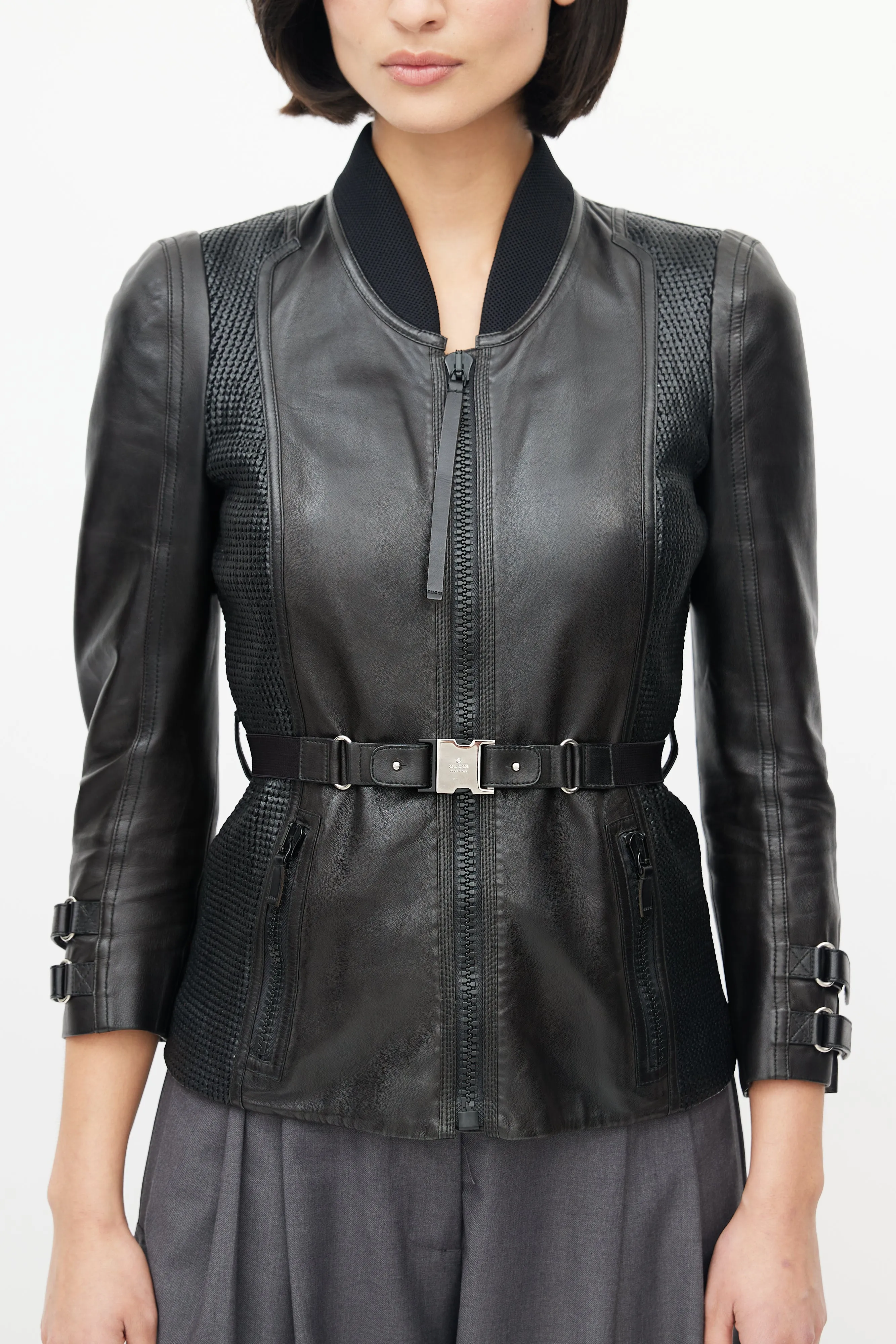Black Leather Woven Belted Jacket