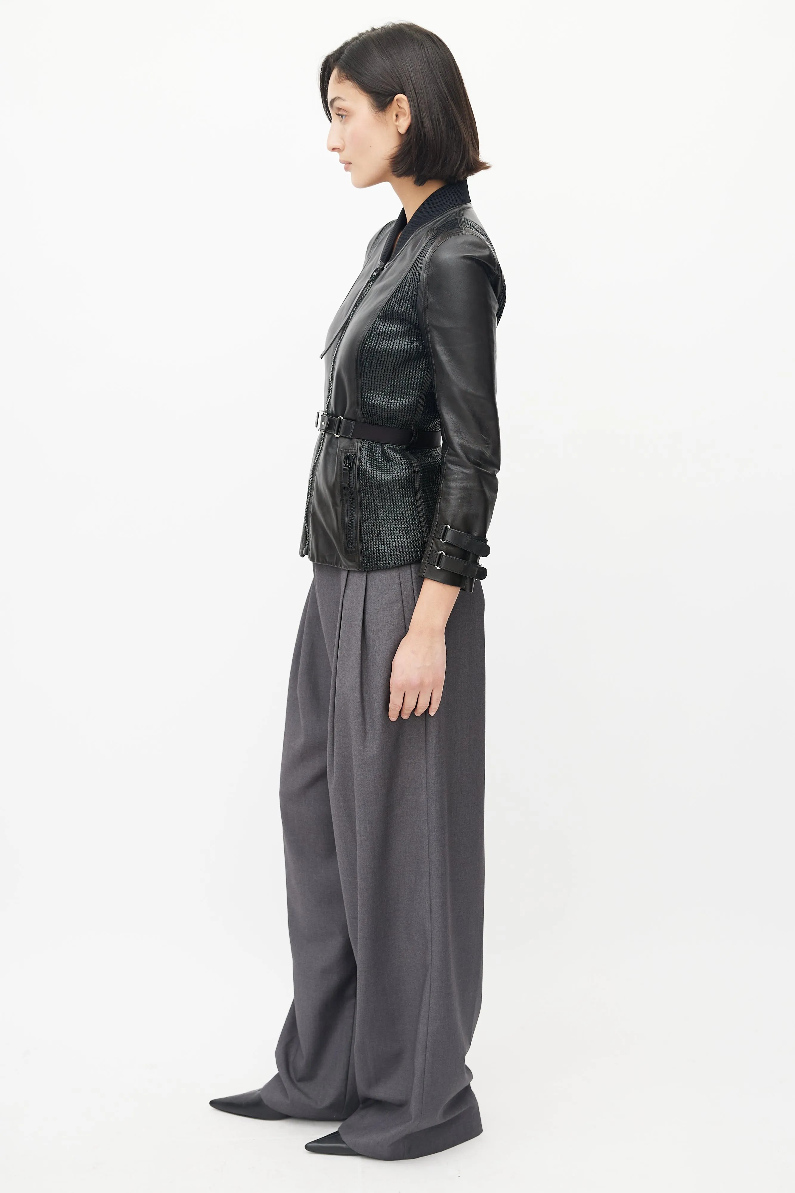 Black Leather Woven Belted Jacket