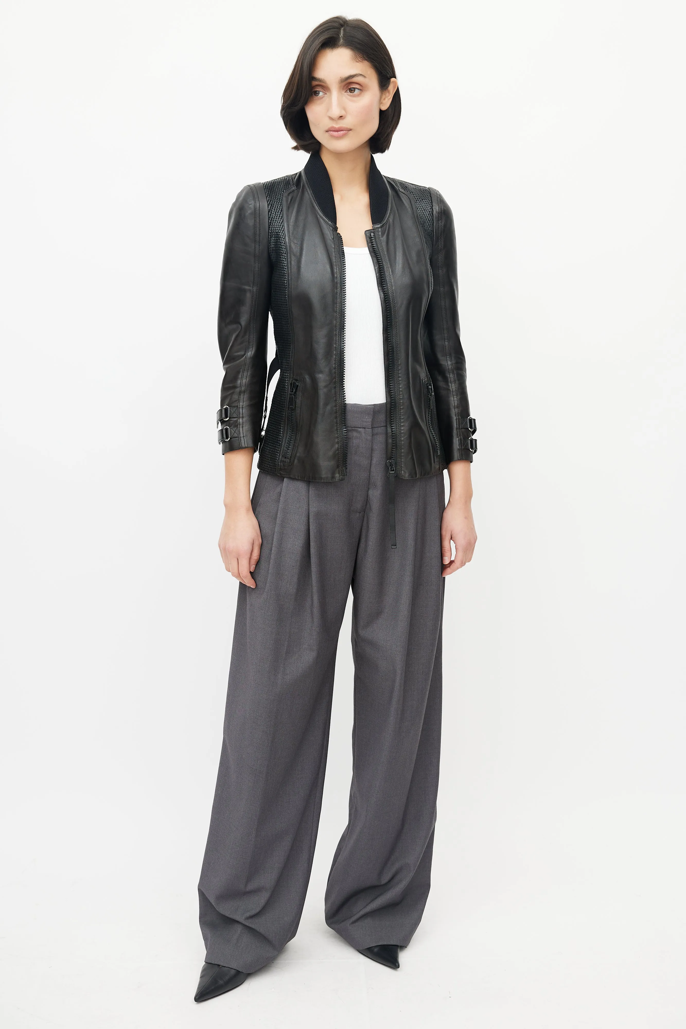 Black Leather Woven Belted Jacket