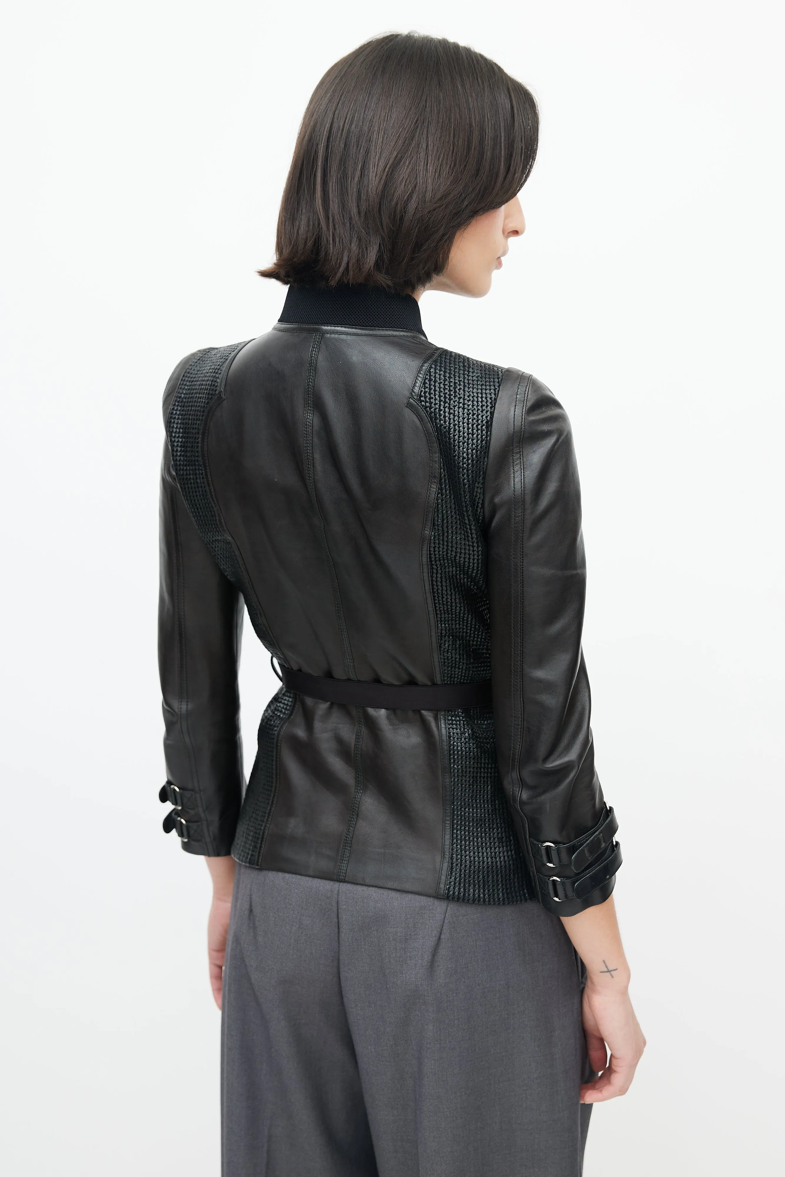 Black Leather Woven Belted Jacket