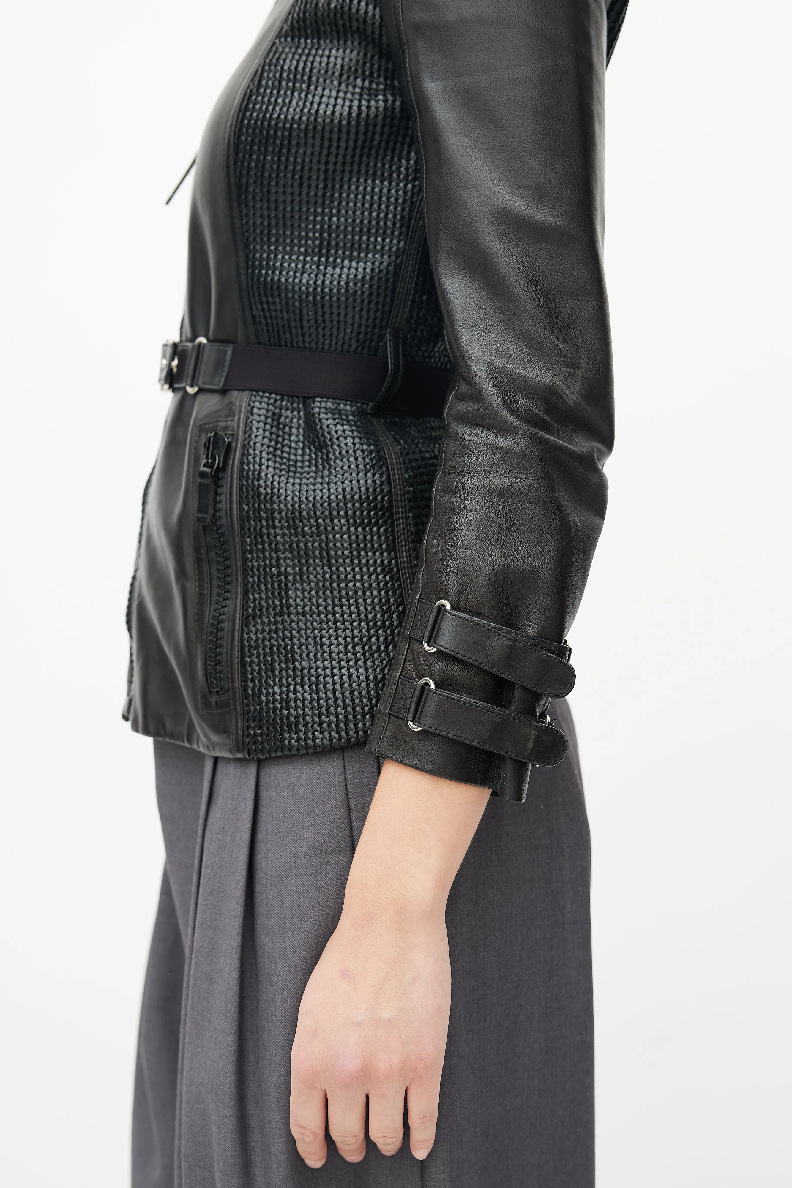 Black Leather Woven Belted Jacket