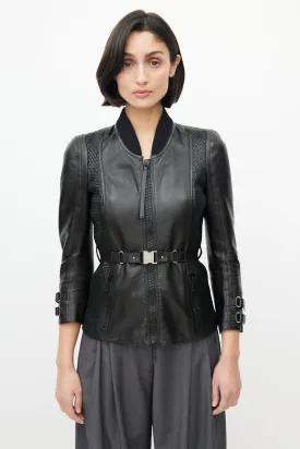 Black Leather Woven Belted Jacket