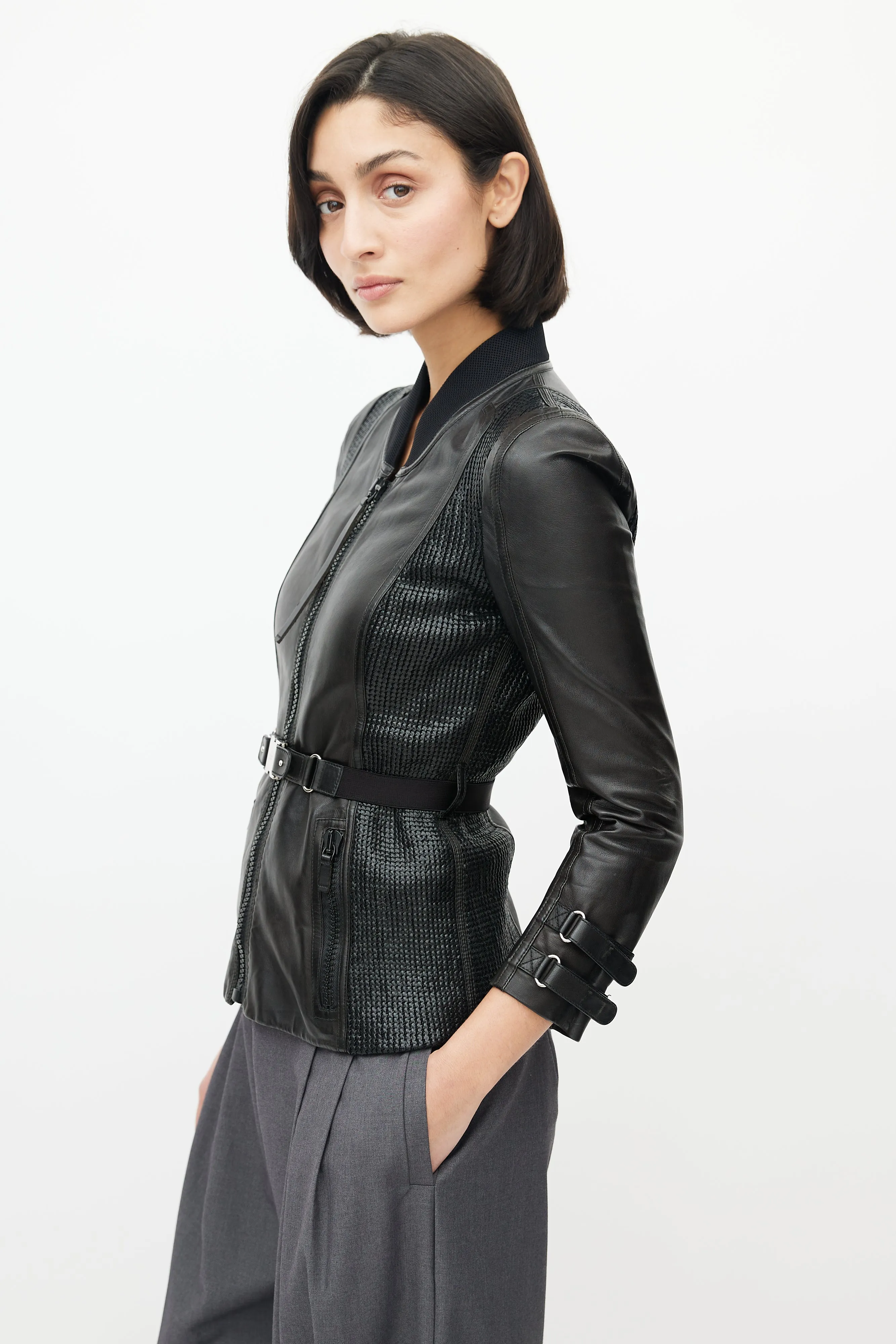 Black Leather Woven Belted Jacket