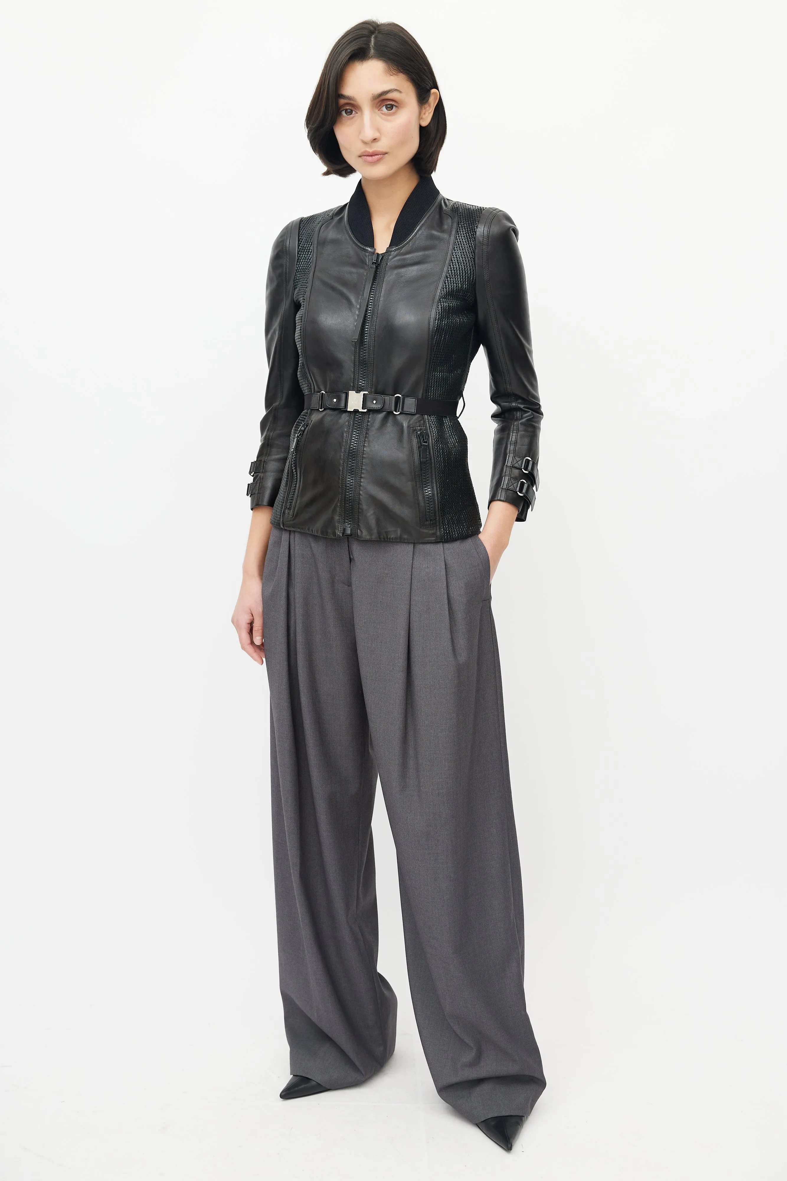 Black Leather Woven Belted Jacket