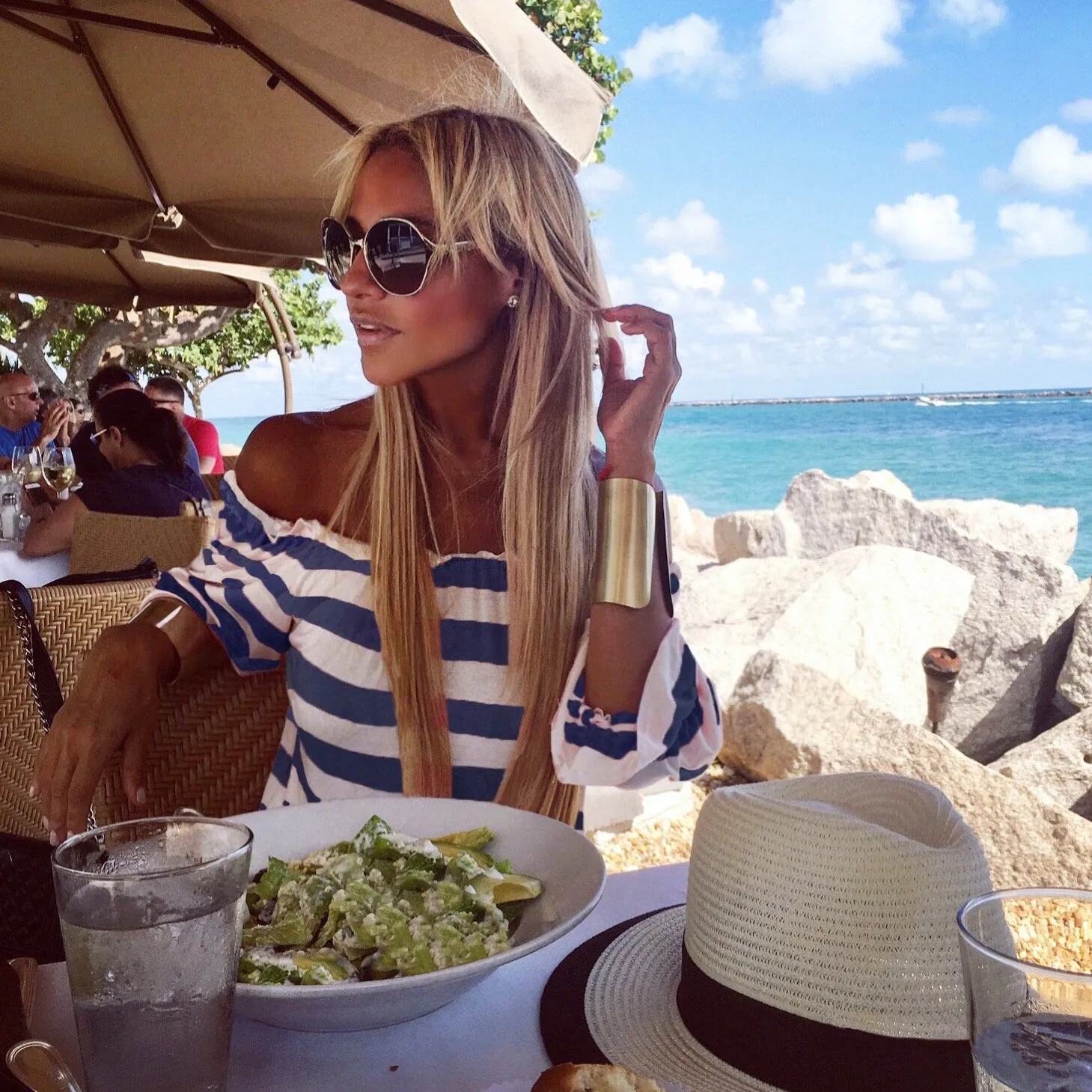 Blue & Off-white stripe Off -Shoulder Top - The Ibiza