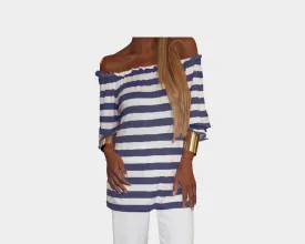 Blue & Off-white stripe Off -Shoulder Top - The Ibiza