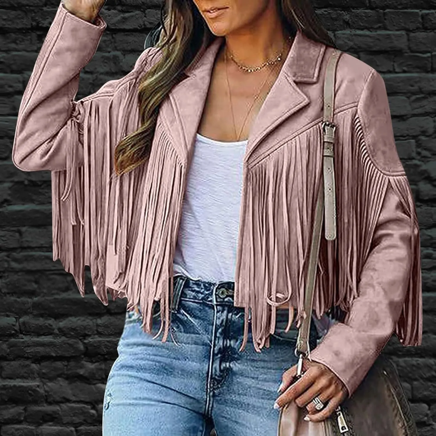 BOXIACEY Fringe Leather Jacket Women Vintage Faux Suede Tassel Outerwear Fashion Biker Open Front Coat Hippie Crop Cardigan
