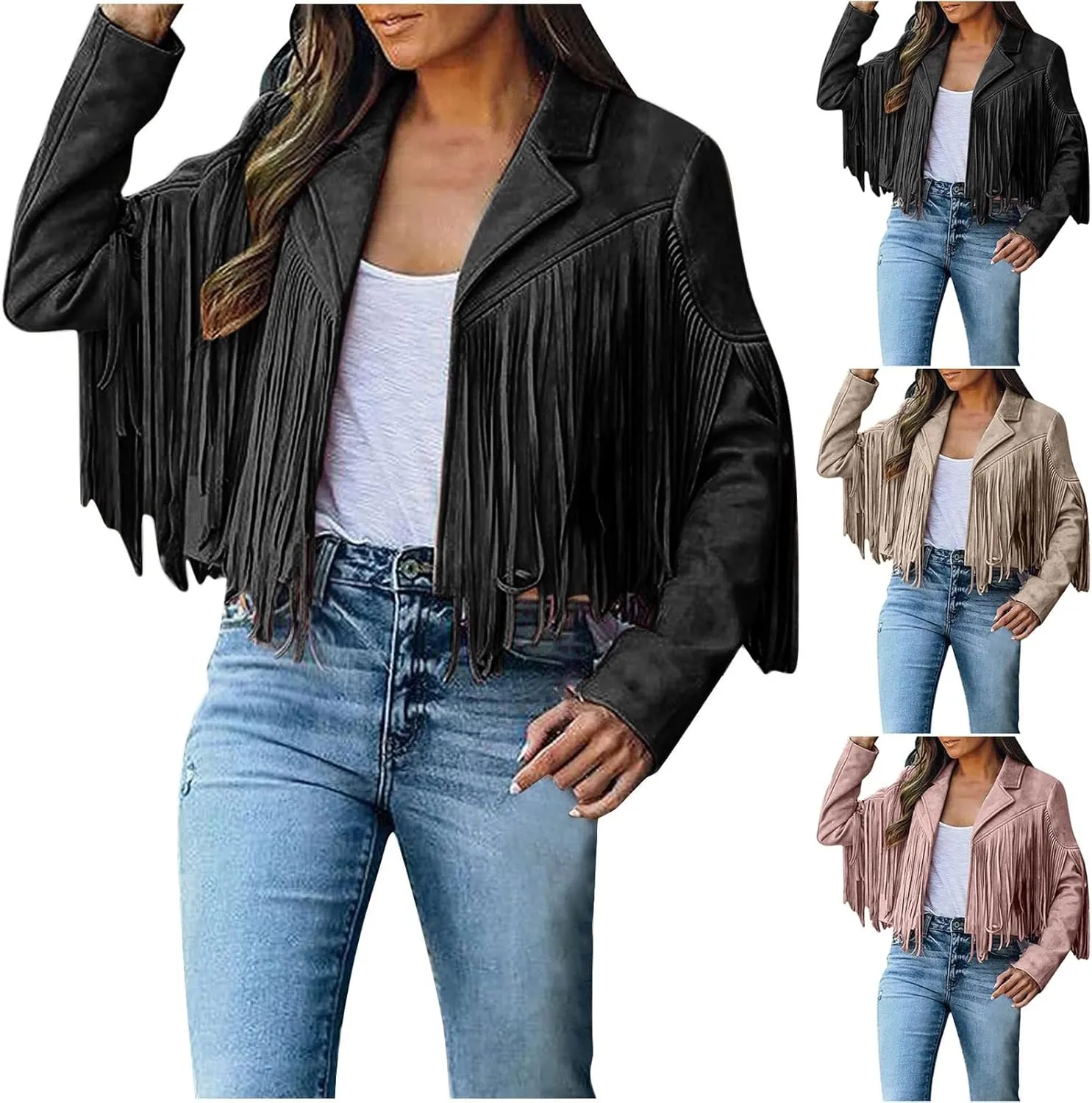 BOXIACEY Fringe Leather Jacket Women Vintage Faux Suede Tassel Outerwear Fashion Biker Open Front Coat Hippie Crop Cardigan
