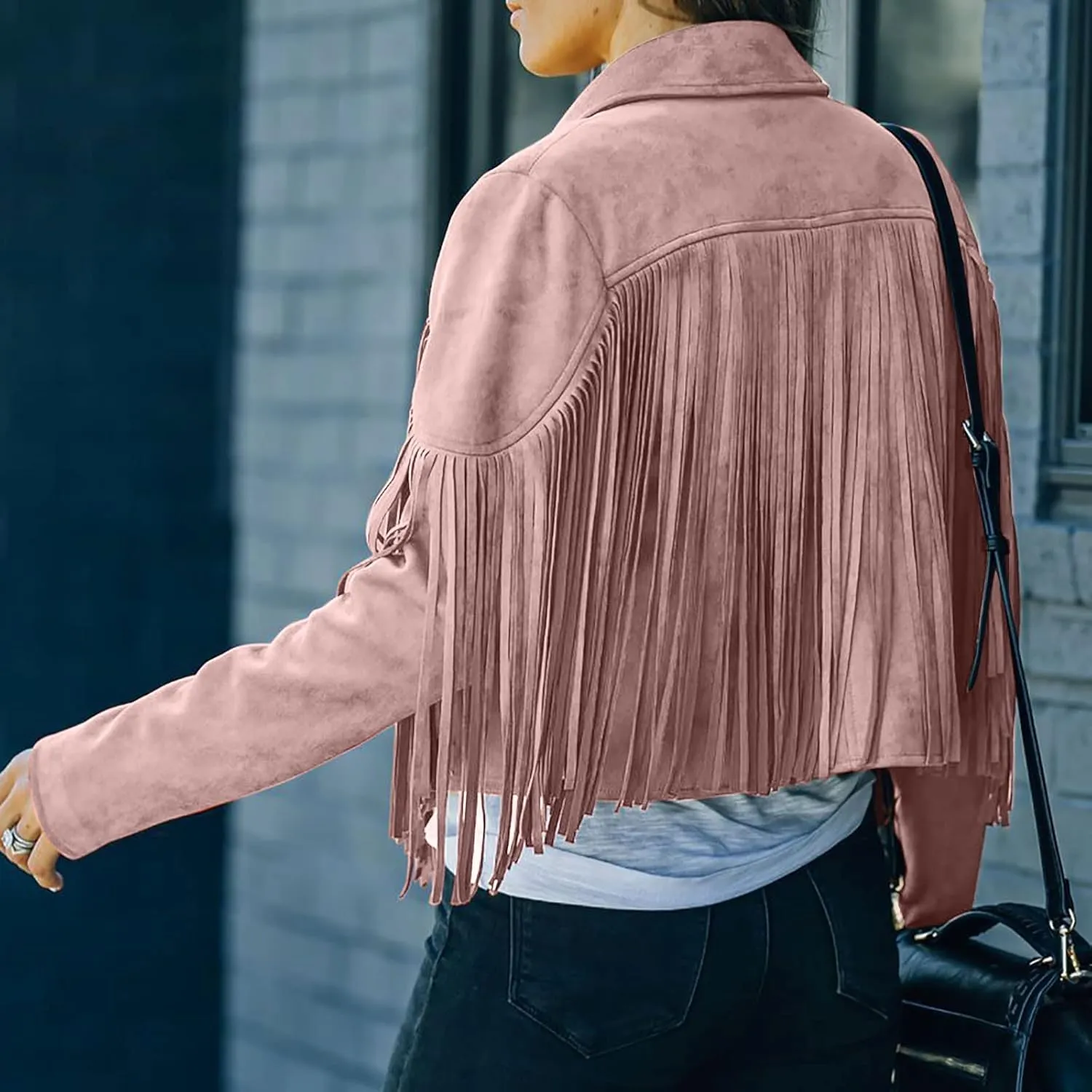 BOXIACEY Fringe Leather Jacket Women Vintage Faux Suede Tassel Outerwear Fashion Biker Open Front Coat Hippie Crop Cardigan