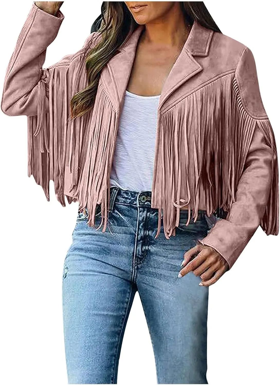 BOXIACEY Fringe Leather Jacket Women Vintage Faux Suede Tassel Outerwear Fashion Biker Open Front Coat Hippie Crop Cardigan