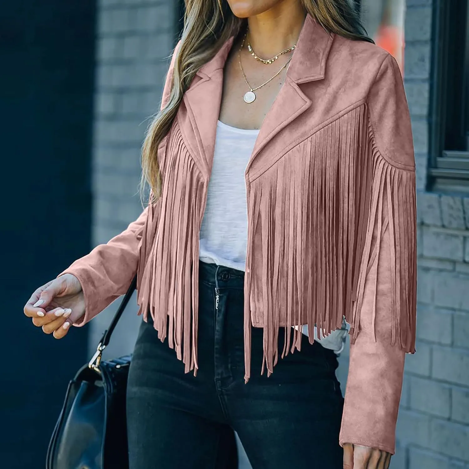 BOXIACEY Fringe Leather Jacket Women Vintage Faux Suede Tassel Outerwear Fashion Biker Open Front Coat Hippie Crop Cardigan