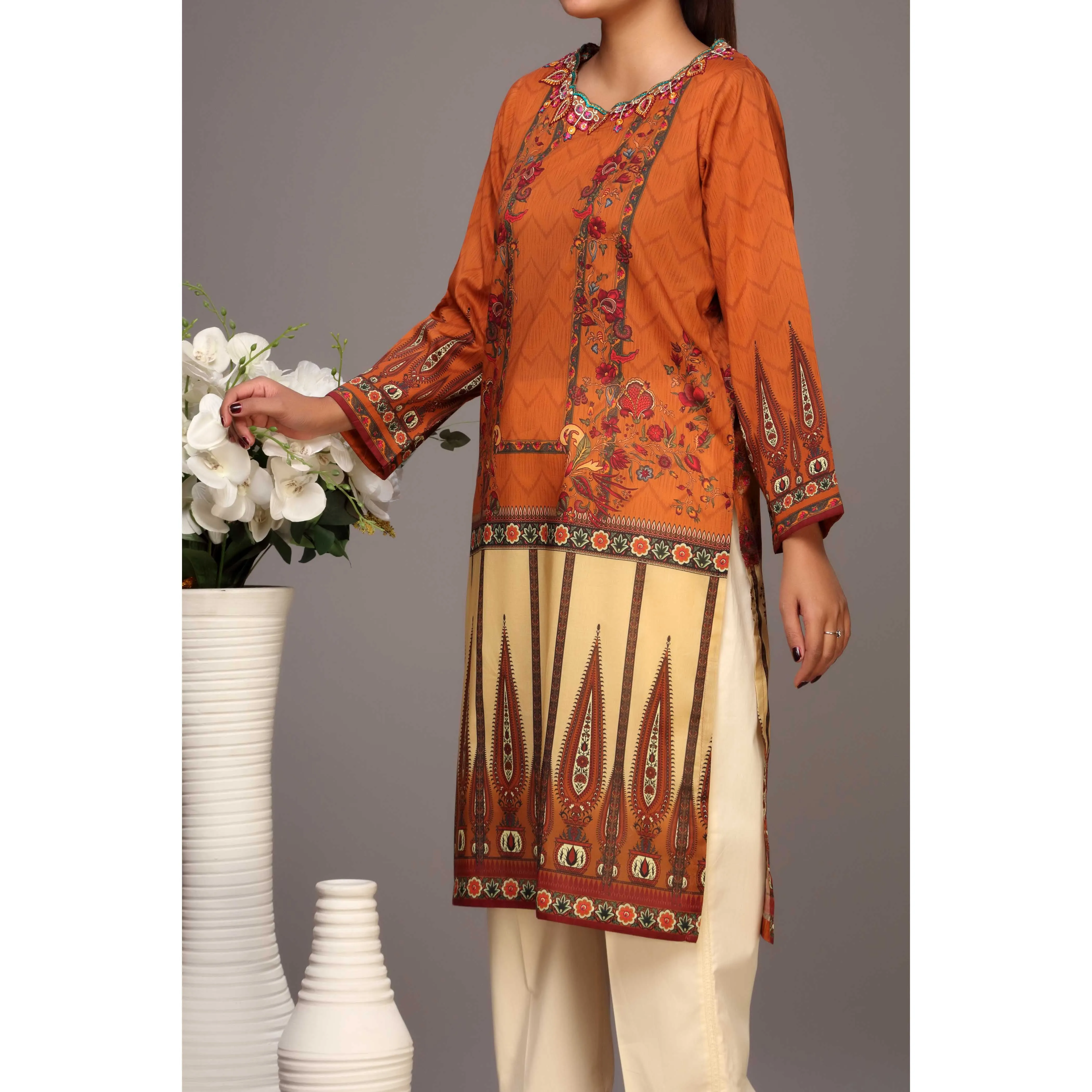 Brown Color Digital Printed Lawn Embroidered Shirt PS2231