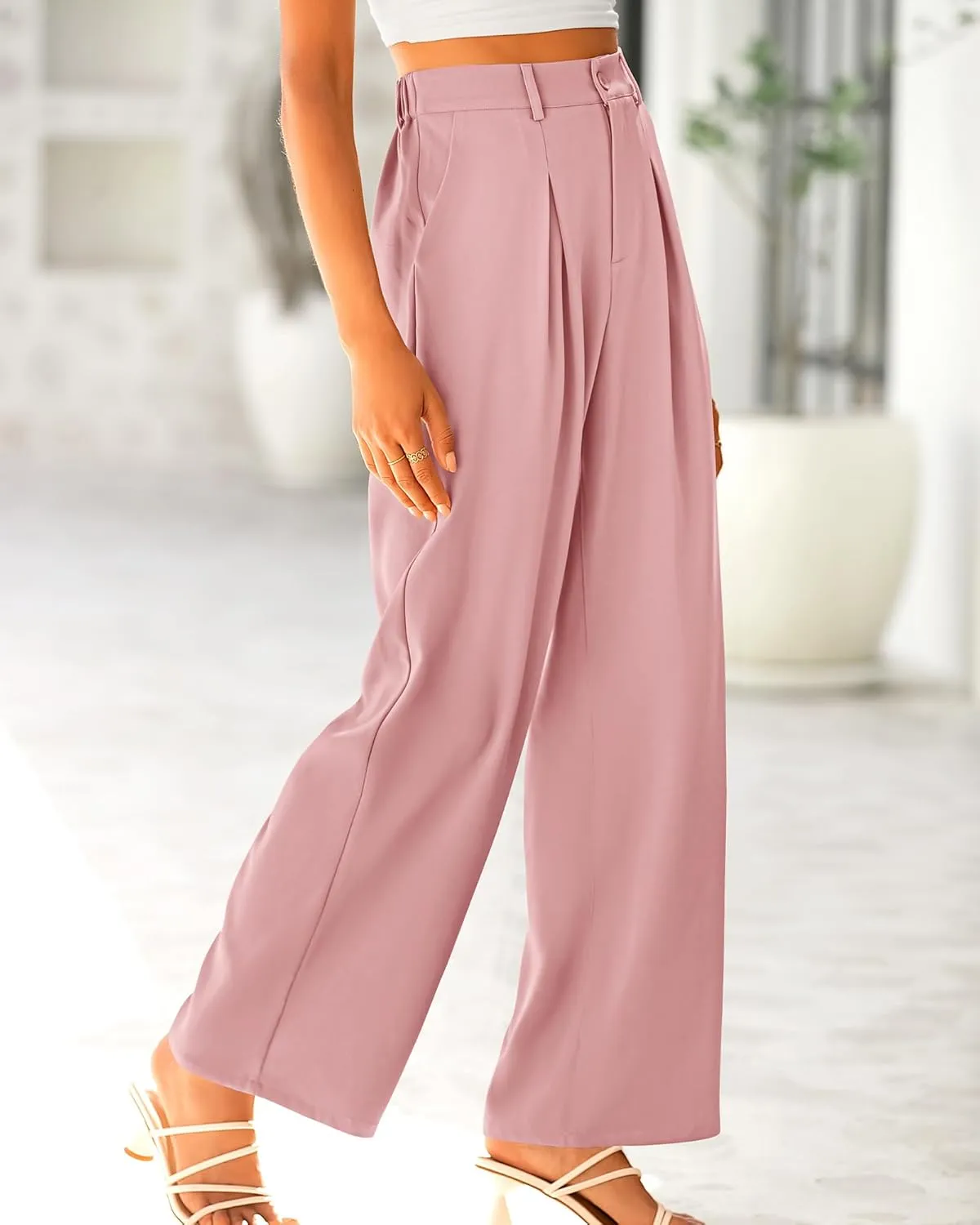 BTFBM Women High Waist Palazzo Pants Casual Wide Leg Trousers Button Down Loose Work Office Business Suit Pant Pockets