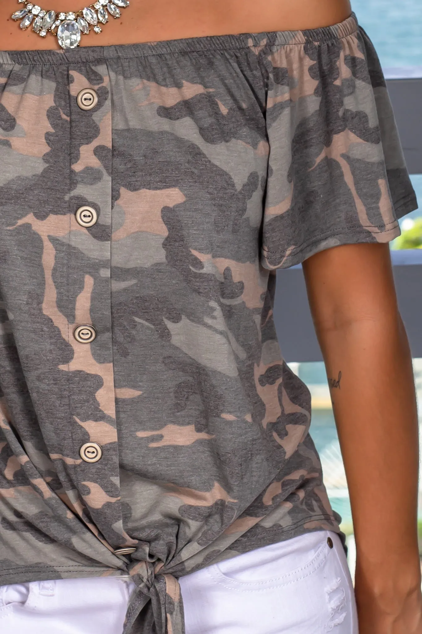 Camo Off Shoulder Top With Front Tie